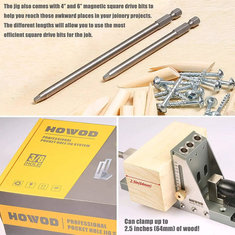 All Metal Pocket Hole Jig Kit For Pros with two titanium plated 3/8 inch drill bits, wood clamps, and packaging box.