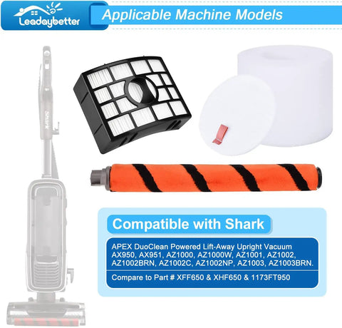 Shark Apex DuoClean Lift Away Vacuum Filter Kit with black filters, foam and felt filters, and brush roll shown on white background.