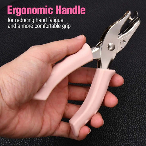 Two Pack Handheld Hole Punch Set With 1/8 Inch And 1/4 Inch Holes Includes 10 Binder Rings Heavy Duty Metal Punches For Crafts Tags Tickets And Paper Projects, ergonomic handle close-up