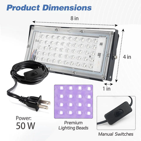 Close-up of Two Pack 50W LED UV Light For Screen Printing With Dual Stands, showing dimensions and features, cable and switch visible.
