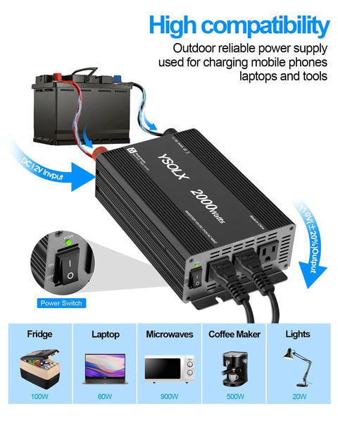 Tailgate Tested 2000W Power Inverter DC To AC Converter 12V To 110V showing power inputs and connections for RV truck camping and emergency use.