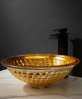 USZWBY Bathroom Vessel Sink Vanity Tempered Glass Vessel Bowl Sink Round Countertop Sink Bowl Above Counter Sink Art Basin with Waterfall Faucet Pop Up Drain with gold diamond pattern and black faucet
