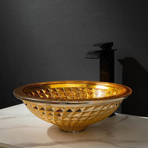 USZWBY Bathroom Vessel Sink Vanity Tempered Glass Vessel Bowl Sink Round Countertop Sink Bowl Above Counter Sink Art Basin with Waterfall Faucet Pop Up Drain with gold diamond pattern and black faucet