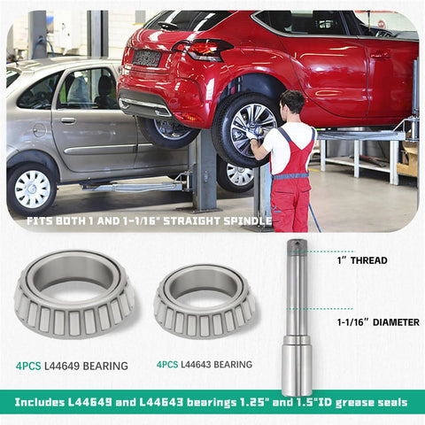 Two 5-lug 4.5 inch trailer hub kits with 1 inch and 1-1/16 inch straight spindles; includes L44649 and L44643 bearings