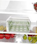 Multi Layer Plastic Egg Cartons That Serve As A Brilliant Fridge Staple keeping eggs organized in a fridge with fruits.