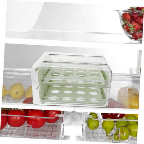 Multi Layer Plastic Egg Cartons That Serve As A Brilliant Fridge Staple keeping eggs organized in a fridge with fruits.