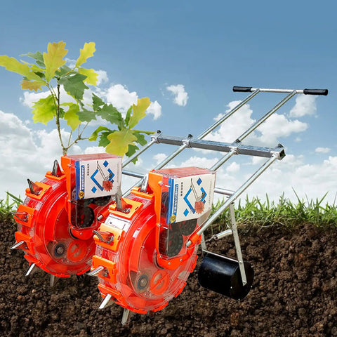 Portable Manual Seeder With Double Row Seed Spreader And Roller No Fuss Hand Push Garden Seeder in a garden setting.