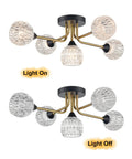 Crystal Sputnik Ceiling Light Fixture in Black and Gold with Glass Crystals, Modern Industrial Semi Flush Mount, On and Off view