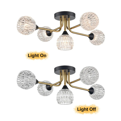 Crystal Sputnik Ceiling Light Fixture in Black and Gold with Glass Crystals, Modern Industrial Semi Flush Mount, On and Off view