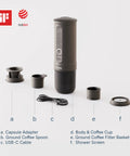 Nano Portable Espresso Maker For Travel And Camping Self Heating With USB C Car Coffee Maker and accessories displayed