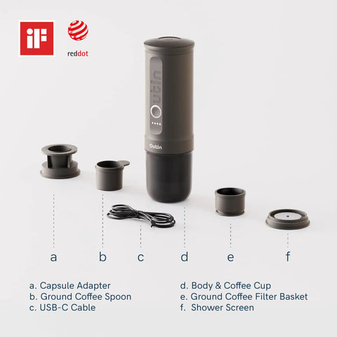 Nano Portable Espresso Maker For Travel And Camping Self Heating With USB C Car Coffee Maker and accessories displayed