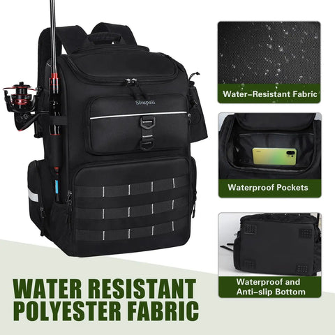 Large Fishing Backpack With Rod Holders, Waterproof 45L Tackle Box Pack showcasing pockets and fabric details.