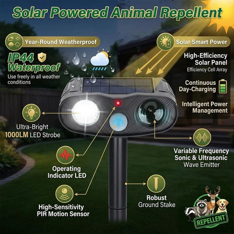 Outdoor Ultrasonic Deer Repellent Device With PIR Motion Sensor And LED Strobe 2 Pack Dual Deterrent For Yards And Gardens That Keeps Deer Away With Loud Ultrasonic Waves And Bright Flash, solar stake
