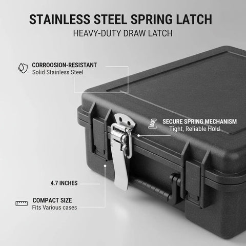 Stainless Steel Spring Latch With Quick Action Draw Catch for toolboxes and cases, mounted on a black case, 4.7 inches, corrosion-resistant