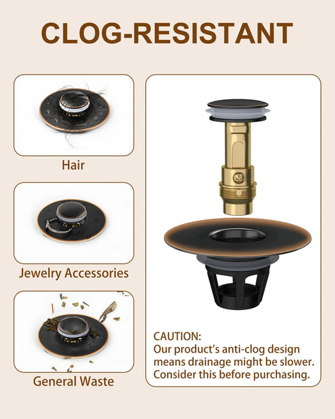Bathroom Sink Stopper Pop Up Drain Plug With Detachable Hair Catcher Anti Clogging Design Fits 1.1 To 1.77 Inch Drains