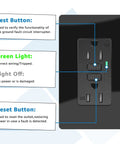 Close-up of Black GFCI Outlets 15 Amp 24 Pack Featuring LED Indicator with test and reset buttons for safety.