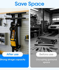 Heavy Duty Floor Jack Wall Mount Organizer Brackets For Stands And Trolleys in black steel, shown in garage use.