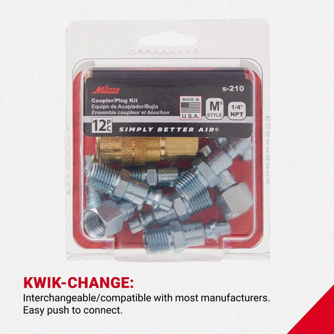 One Quarter Inch NPT M Style Air Coupler And Plug Kit Twelve Piece Set For Quick Change Connects Durable Brass Fittings With Case Hardened Steel Plugs Interchangeable With Most Brands 40 SCFM 300 PSI Up To 250 Degrees F in packaging