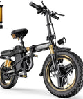 Foldable 14 Inch Electric Bike for Adults with 1500W Peak Motor, visible 48V Removable Battery, front view with air pump