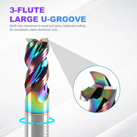 Three flute U-groove design on a One Half Inch Shank DLC Carbide Square End Mill Beefy Three Flute For Aluminum And Copper Heavy Duty