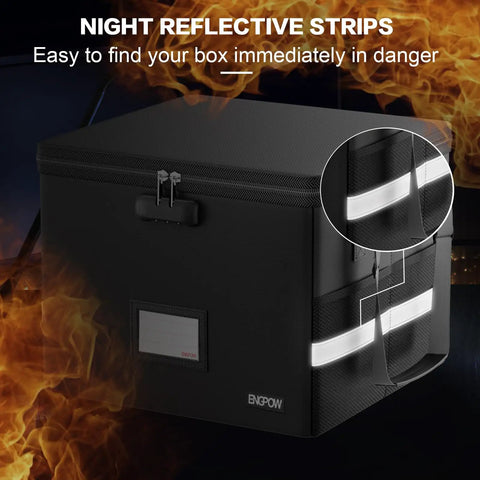 Fireproof Doc Box With Lock For 5200F Heat Insulation in black showing night reflective strips feature