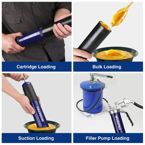 Heavy Duty Grease Gun Kit With 6000 PSI Power, 18 Inch Flexible Hose, 4 loading methods including cartridge, bulk, suction, and pump