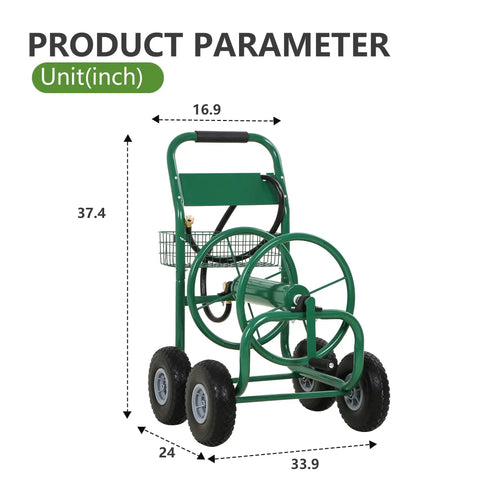 Heavy Duty Garden Hose Reel Cart Holds Up To 300 Feet Of Hose, Tough Four Wheel System With Built In Storage Basket For Lawn And Yard