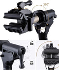 Close-up view of adjustable bike work stand clamp displaying 360 degree rotatable mechanism for easy bicycle maintenance.