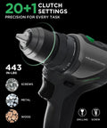 Badass 20V Brushless Cordless Drill Driver Set With 443 Inch Pounds Torque Two Speed Gears And 20 Ah Battery features clutch settings for precision.