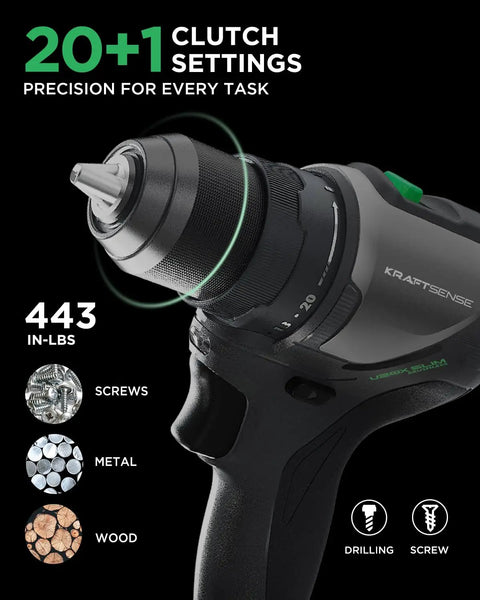 Close-up of 20V Brushless Cordless Drill Driver With 2.0Ah Battery showing 20+1 clutch settings, ideal for precision tasks.