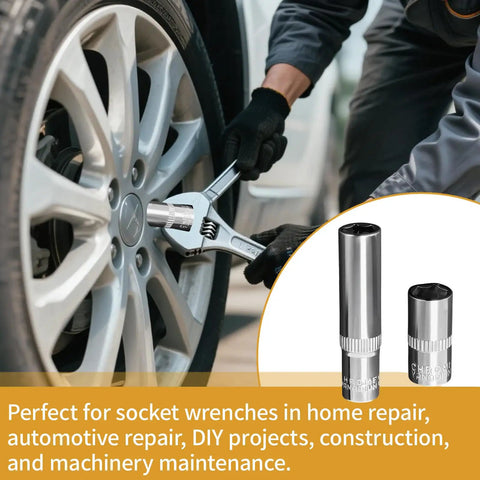 Mechanic using Two-Piece Quarter Inch Drive 8mm Deep And Shallow Socket Set on car wheel, demonstrating 6-Point CR-V sockets for repair.