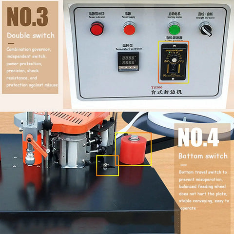 Control panel of Portable Edge Banding Machine For Wood And PVC Double Sided Gluing 1200W Heavy Duty Edge Bander with switches