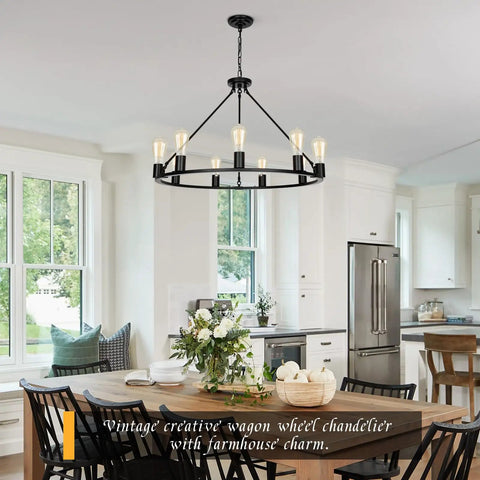 Black Wagon Wheel Chandelier Total Showstopper Lighting Fixtures Bring The Farmhouse Vibes To Your Dining Room Or Kitchen With This 9 Light Pendant.