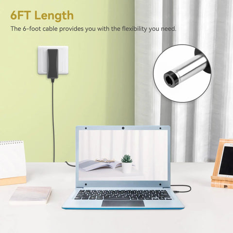Heavy Duty 12V AC Adapter Wall Charger Power Cord Built Tough For Seamless Daily Plugs Compatible With Eooo Ultra Thin 11.6 Inch Laptop, shown plugged into wall.