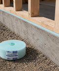 Aqua Foam Sill Plate Gasket And Concrete Foundation Block Seal For Wood Framing Rock Tight Moisture Guard displayed beside concrete.