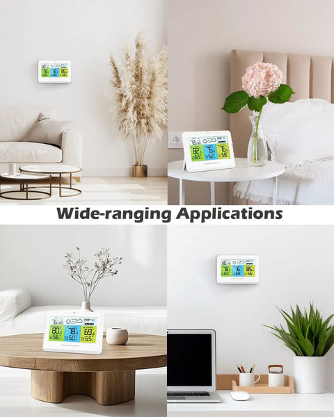 All In One Weather Station With 3 Sensors For Indoor And Outdoor Temperature Humidity Barometer Pressure Forecast With Backlight And Alerts For Home Office shown in different room settings