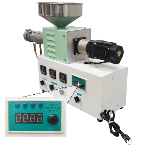 Heavy Duty Single Screw Filament Extruder For 3D Printer Roll Out Dope PEEK ABS PLA showing controls and motor details.