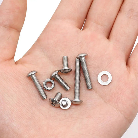 Person holding M3 M4 Screw Set With Nuts Washers And Wrenches 304 Stainless Steel Button Head Hex Socket Cap Screws M3 And M4 Sizes 4mm To 25mm 405 Piece DIY Ready Kit For Projects Robotics And Machinery