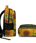 Side view of Dope Sunflower Field Oil Painting Backpack For Everyday Use Unisex Large Capacity Daypack with extra pocket.