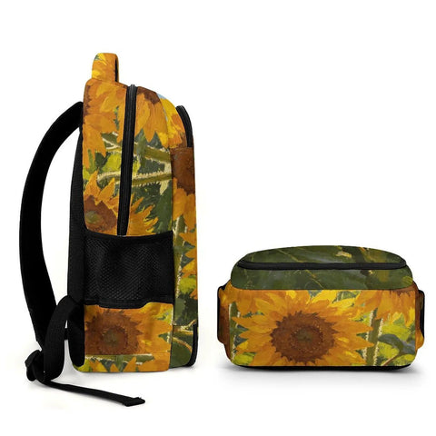Side view of Dope Sunflower Field Oil Painting Backpack For Everyday Use Unisex Large Capacity Daypack with extra pocket.