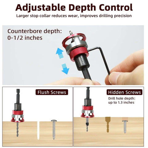 7-piece countersink drill bit set from Amazon with red aluminum stop collar, 1/4 inch hex shank