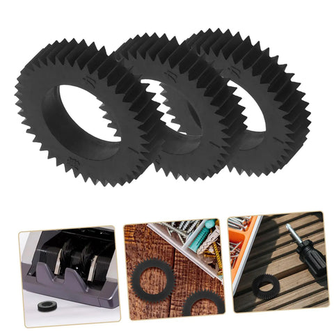 Six Piece Counting Machine Gear Wheel for Currency Counter Replacement displayed with use examples and installation tools.