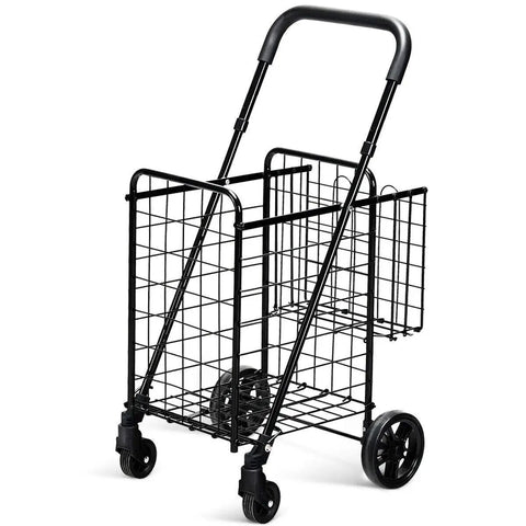 Foldable Grocery Hauling Cart With Dual Basket And 360 Degree Wheels, metal frame, adjustable handle in upright position