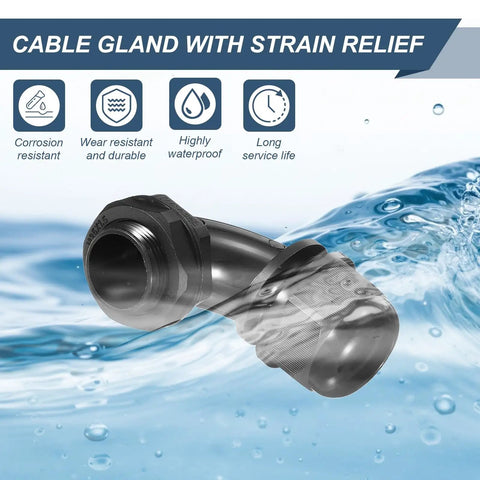 2 Pcs M25 Cable Gland Set 90 Degree Nylon Elbow Joint IP68 Waterproof for 13 to 18 mm wires in water background