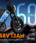 Beastly 1000W Peak Motor Fat Tire Electric Bike with 48V 13Ah battery highlighted against a 60-mile range graphic