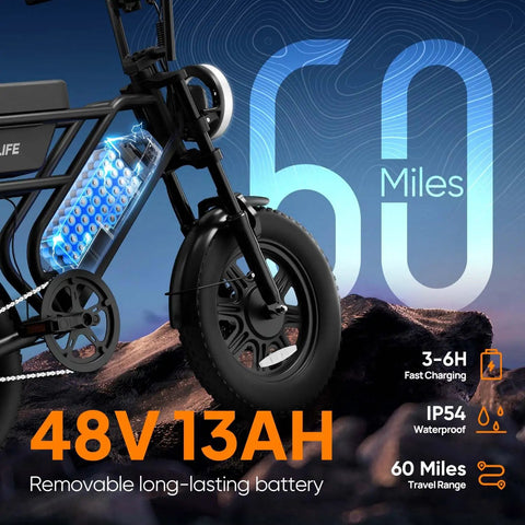 Beastly 1000W Peak Motor Fat Tire Electric Bike with 48V 13Ah battery highlighted against a 60-mile range graphic