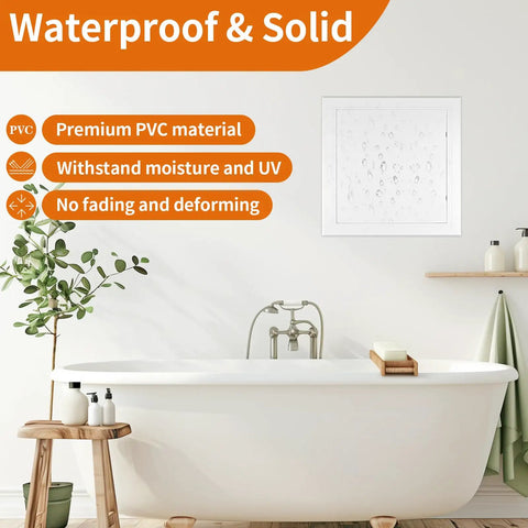 12x12 Inch Waterproof PVC Wall Access Panel With Reinforced Hinged Door installed above bathtub in bathroom.