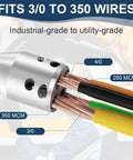 Professional Grade Wire Puller With 4000 Lbs Max Force Fits Electrical Cable Tools For Electricians Grabbing 2/0 To 350 Mcm Copper Or Aluminum Lines Without Tape, showing multiple wire sizes.