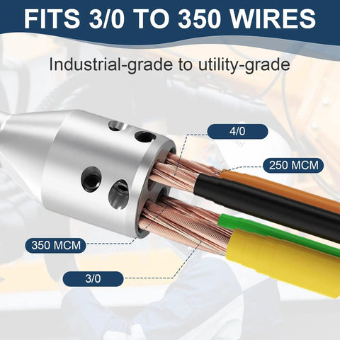 Professional Grade Wire Puller With 4000 Lbs Max Force Fits Electrical Cable Tools For Electricians Grabbing 2/0 To 350 Mcm Copper Or Aluminum Lines Without Tape, showing multiple wire sizes.