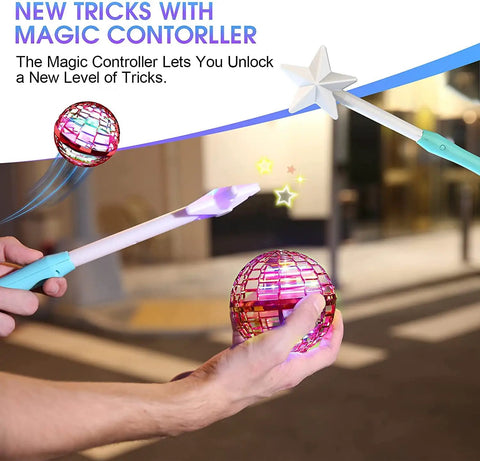 Hand Operated Flying Orb Drone With RGB Lights and Magic Controller in use outdoors